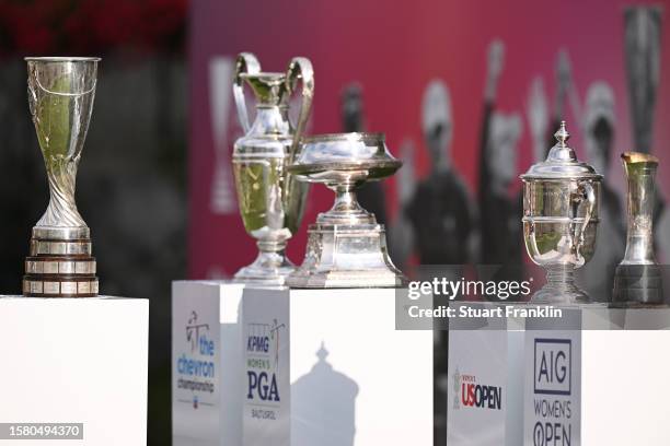 General view of the five trophies of LPGA majors, The Chevron Championship, Women's PGA Championship, U.S. Women's Open, The Evian Championship and...