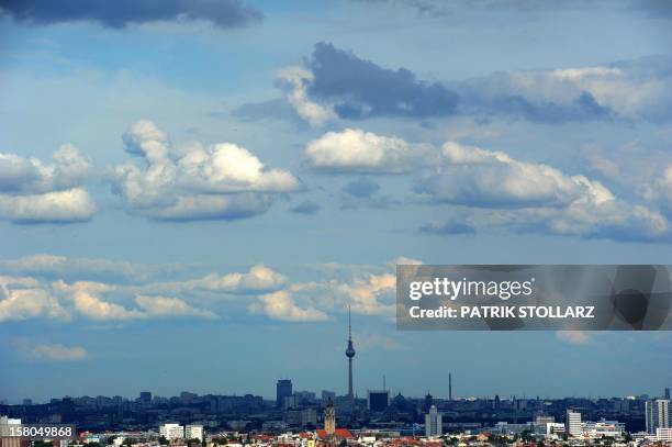 General overview of Berlin's skyline with landmark TV tower in the center, taken from the Glockenturm at the Olympiapark next to the Olympic stadium...