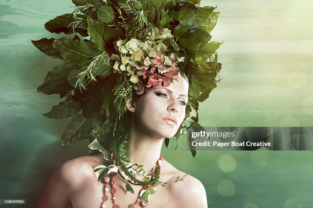 Woman wearing a green hat made of plants