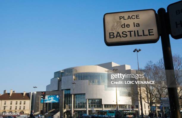 This picture taken on February 16, 2010 shows the Bastille opera house in Paris. Sign reads: "Bastille square". AFP PHOTO LOIC VENANCE