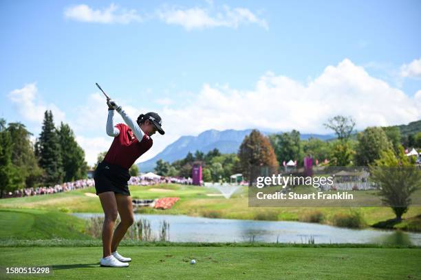 Celine Boutier of France tees off on the 5th hole during the Final Round of the Amundi Evian Championship at Evian Resort Golf Club on July 30, 2023...