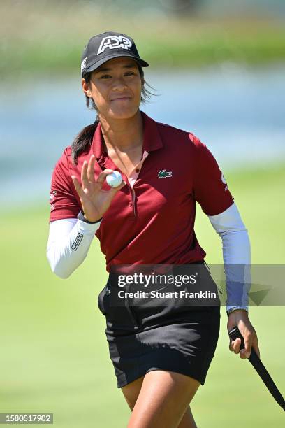 Celine Boutier of France celebrates on the 5th green during the Final Round of the Amundi Evian Championship at Evian Resort Golf Club on July 30,...