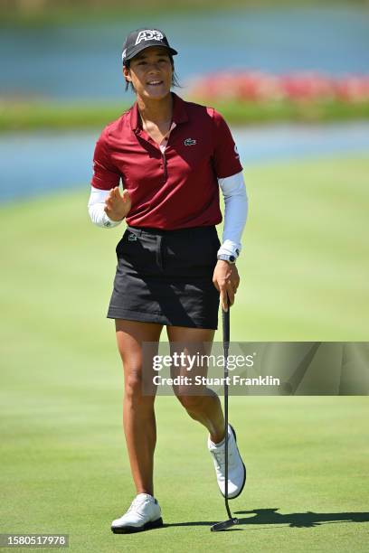 Celine Boutier of France celebrates on the 5th green during the Final Round of the Amundi Evian Championship at Evian Resort Golf Club on July 30,...