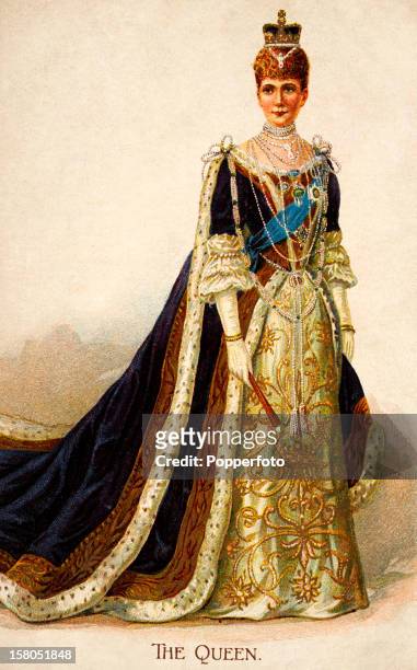 Vintage colour postcard of Queen Alexandra of Denmark , wife of King Edward VII, in her coronation robes on 9th August 1902.