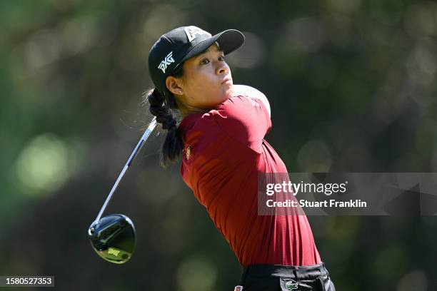 Celine Boutier of France tees off on the 4th hole during the Final Round of the Amundi Evian Championship at Evian Resort Golf Club on July 30, 2023...