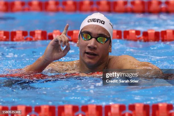 Ahmed Hafnaoui of Team Tunisia celebrates winning gold competes in the Men's 1500m Freestyle Final on day eight of the Fukuoka 2023 World Aquatics...