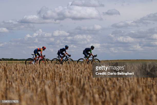 Jacopo Mosca of Italy and Team Lidl - Trek, Lorenzo Milesi of Italy and Team DSM - firmenich and Sam Brand of The United Kingdom and Team Novo...