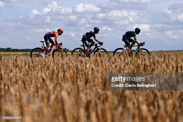 Jacopo Mosca of Italy and Team Lidl - Trek, Lorenzo Milesi of Italy and Team DSM - firmenich and Sam Brand of The United Kingdom and Team Novo...