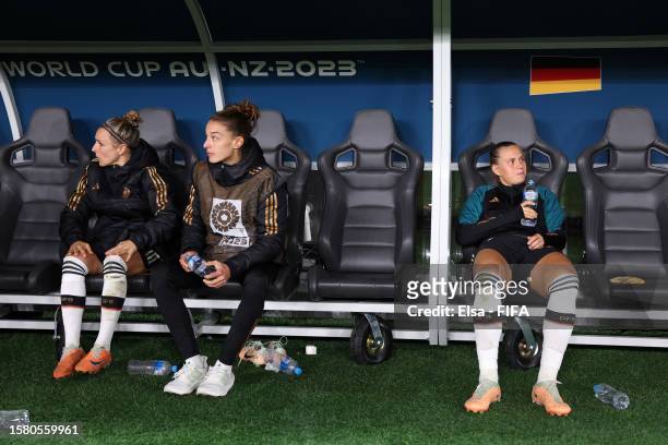 Germany players show dejection after the team's 1-2 defeat in the FIFA Women's World Cup Australia & New Zealand 2023 Group H match between Germany...