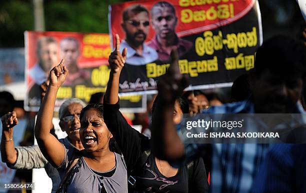 Activists of the Front Line Socialist Party demonstrate in Colombo on December 10, 2012 marking the first anniversary of the disappearance of their...