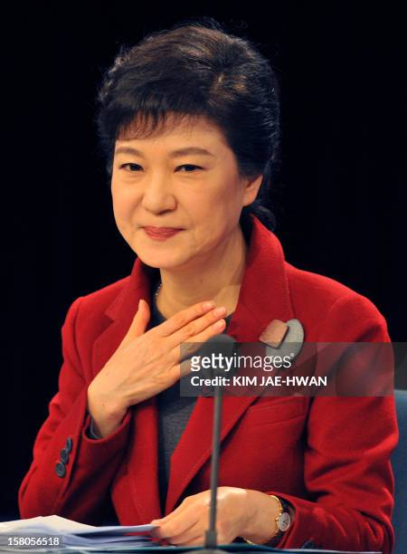 South Korea's presidential candidate Park Geun-Hye of the ruling Saenuri Party attends a televised debate in Seoul on December 10, 2012. South...
