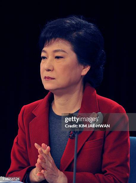 South Korea's presidential candidate Park Geun-Hye of the ruling Saenuri Party attends a televised debate in Seoul on December 10, 2012. South...