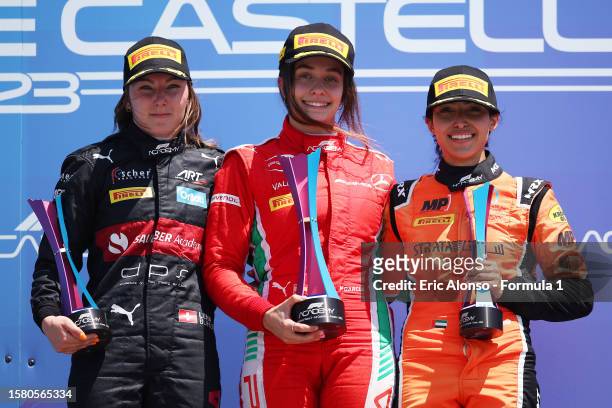 Race winner Marta Garcia of Spain and PREMA Racing , Second placed Lena Buhler of Switzerland and ART Grand Prix and Amna Al Qubaisi of United Arab...