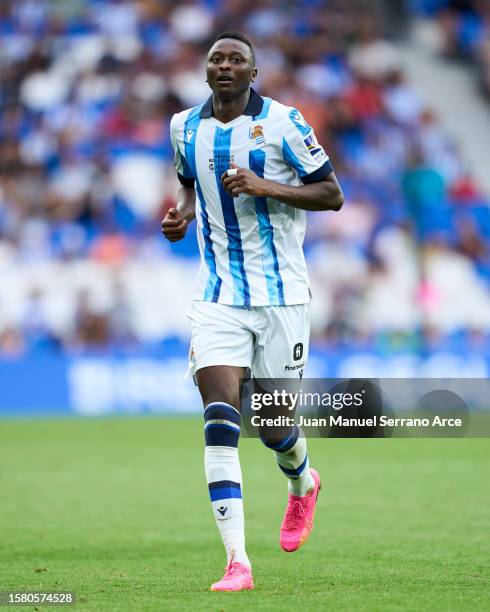 Sadiq Umar of Real Sociedad in action during the pre-season friendly match between Real Sociedad and Bayer 04 Leverkusen at Estadio Anoeta on July...