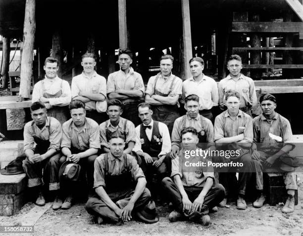 Group of red Indians, students at Carlisle Indian College in Pennsylvania, USA are learning to build ships at a shipyard on Hog Island, circa...