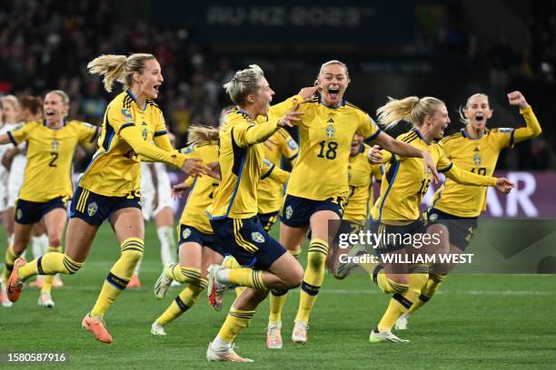 Sweden's forward Fridolina Rolfo and teammates celebrate their win during the Australia and New Zealand 2023 Women's World Cup round of 16 football...