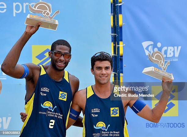 Everton and Vitor take the third place of the 6th round of Banco do Brasil Beach Volleyball Circuit at Copacabana Beach on December 09, 2012 in Rio...