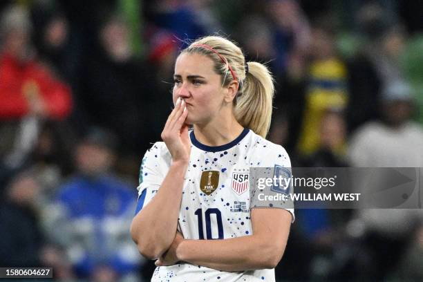 S midfielder Lindsey Horan reacts at the end of the Australia and New Zealand 2023 Women's World Cup round of 16 football match between Sweden and...