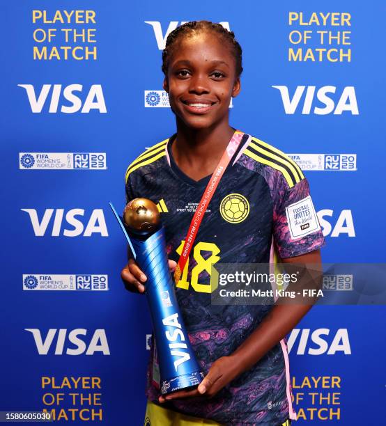 Linda Caicedo of Colombia poses for a photo with her VISA Player of the Match award after the FIFA Women's World Cup Australia & New Zealand 2023...