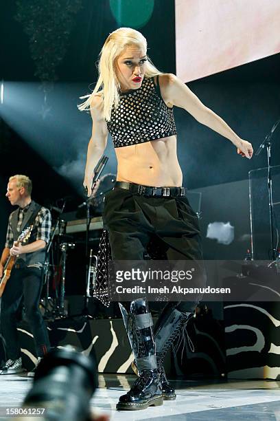 Singer Gwen Stefani of No Doubt performs onstage at the 23rd Annual KROQ Almost Acoustic Christmas at Gibson Amphitheatre on December 9, 2012 in...