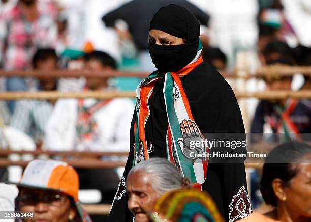 Supporters of Congress during an election campaign of Congress leader Sonia Gandhi on December 10, 2012 in Siddhpur, India. Polls in Gujarat will...