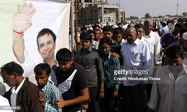 Supporters of Congress during an election campaign of Congress leader Sonia Gandhi on December 10, 2012 in Siddhpur, India. Polls in Gujarat will...