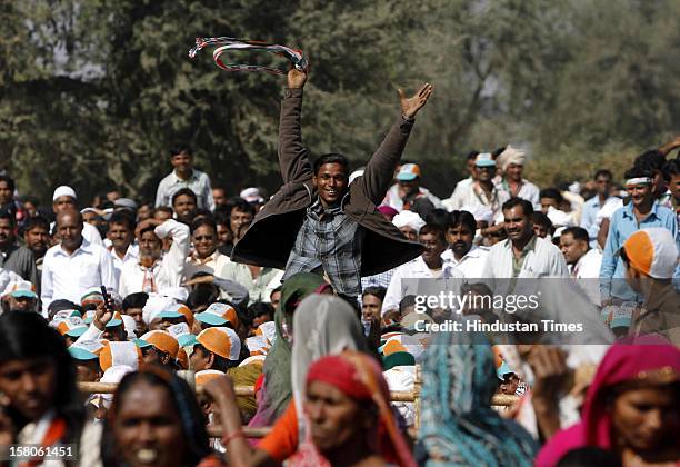 Supporters of Congress during an election campaign of Congress leader Sonia Gandhi on December 10, 2012 in Siddhpur, India. Polls in Gujarat will...