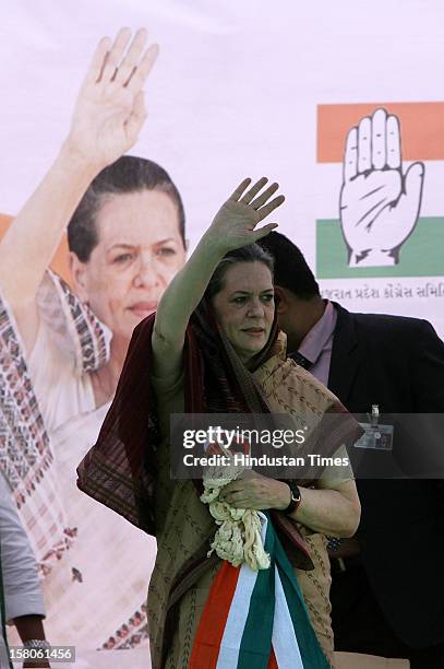 Congress leader Sonia Gandhi during an election campaign on December 10, 2012 in Siddhpur, India. Polls in Gujarat will take place in two phases:...