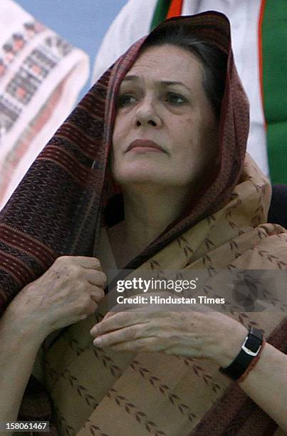 Congress leader Sonia Gandhi during an election campaign on December 10, 2012 in Siddhpur, India. Polls in Gujarat will take place in two phases:...
