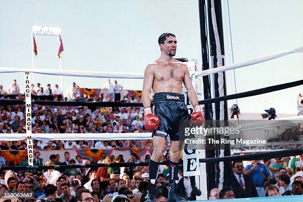 Jeff Fenech looks on in the ring during the fight against Azumah Nelson at the Princes Park Football Ground, on March 1, 1992 in Melbourne, Victoria,...