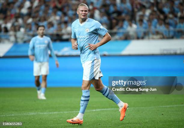 Erling Haaland of Manchester City looks on during the preseason friendly match between Atletico Madrid and Manchester City at Seoul World Cup Stadium...