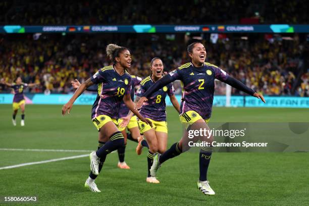 Manuela Vanegas of Colombia celebrates with teammates after scoring her team's second goal during the FIFA Women's World Cup Australia & New Zealand...