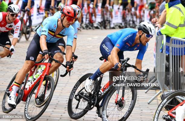 Belgian Jasper Stuyven pictured in action during the men elite road race at the UCI World Championships Cycling 1km from Edinburgh to Glasgow,...