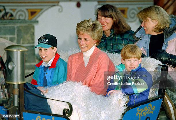 Diana, The Princess Of Wales, Prince William And Prince Harry, Ride In A Horse Drawn Sleigh, In Lech Austria, During Their Annual Ski Holiday,...