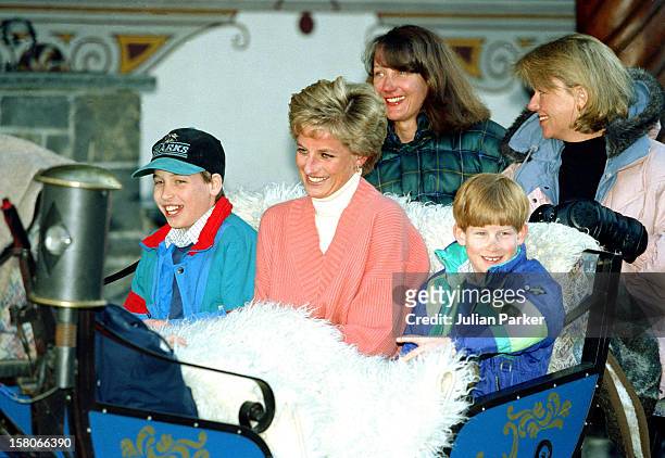 Diana, The Princess Of Wales, Prince William And Prince Harry, Ride In A Horse Drawn Sleigh, In Lech Austria, During Their Annual Ski Holiday,...