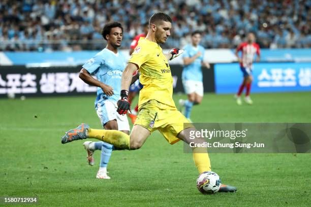 Ivo Grbic of Atletico Madrid takes a kick during the preseason friendly match between Atletico Madrid and Manchester City at Seoul World Cup Stadium...