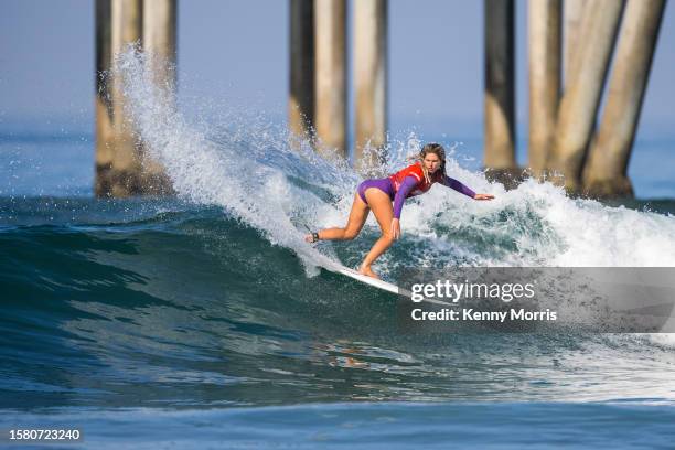 Sawyer Lindblad of the United States surfs in Heat 2 of the Quarterfinals at the US Open of Surfing on August 5, 2023 at Huntington Beach, California.