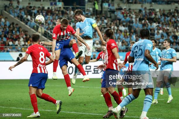 Ruben Dias of Manchester City scores the team's first goal during the preseason friendly match between Atletico Madrid and Manchester City at Seoul...