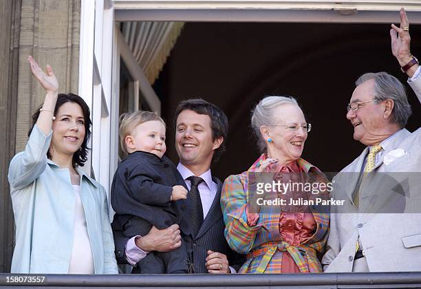 Prince Henrik, Crown Prince Frederik & Crown Princess Mary & Their Son Christian Appear On The Balcony Of Amalienborg Palace To Celebrate Queen...