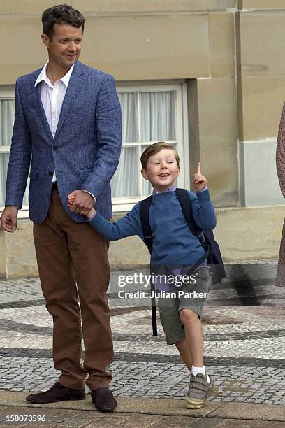 Crown Prince Frederik With His Son Prince Christian, At Amalienborg Palace This Morning On His Way To His First Day At School At Tranegard School.