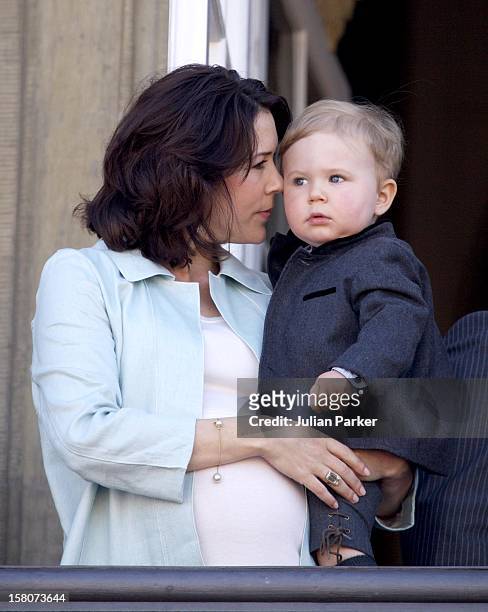 Crown Princess Mary & Son Christian Appear On The Balcony Of Amalienborg Palace To Celebrate Queen Margrethe Ii Of Denmark'S 67Th Birthday In...
