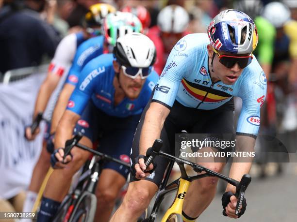 Belgian Wout van Aert pictured in action during the men elite road race at the UCI World Championships Cycling 1km from Edinburgh to Glasgow,...