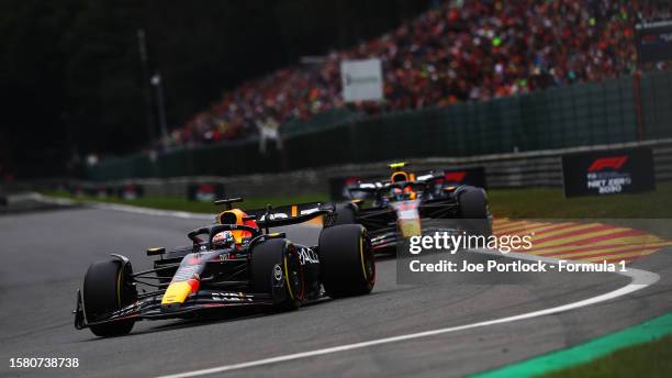 Max Verstappen of the Netherlands driving the Oracle Red Bull Racing RB19 leads Sergio Perez of Mexico driving the Oracle Red Bull Racing RB19 during...