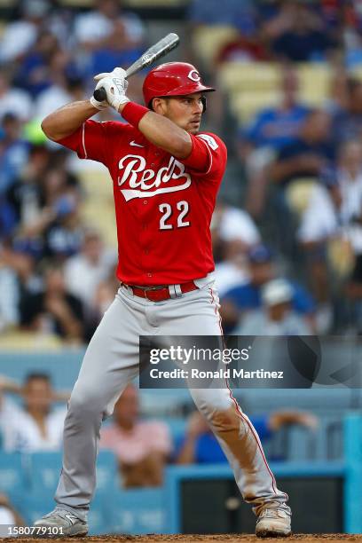 Luke Maile of the Cincinnati Reds in the fifth inning at Dodger Stadium on July 29, 2023 in Los Angeles, California.
