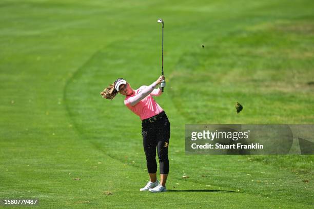 Brooke M. Henderson of Canada plays her second shot on the 11th hole during the Final Round of the Amundi Evian Championship at Evian Resort Golf...