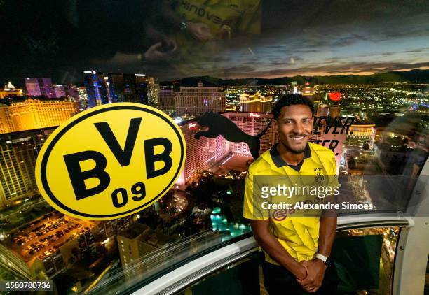 Sebastian Haller of Borussia Dortmund poses for a picture during the Puma Cup Jersey Presentation at The High Roller on July 29, 2023 in Las Vegas,...