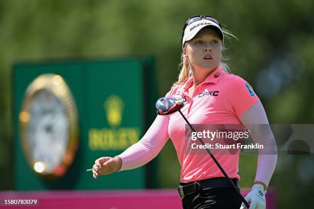 Brooke M. Henderson of Canada looks on after teeing off on the 13th hole during the Final Round of the Amundi Evian Championship at Evian Resort Golf...