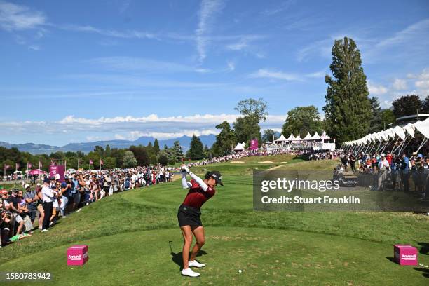 Celine Boutier of France tees off on the 16th hole during the Final Round of the Amundi Evian Championship at Evian Resort Golf Club on July 30, 2023...