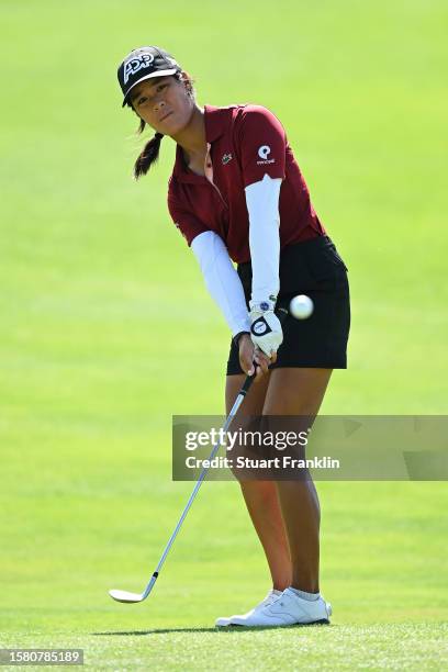 Celine Boutier of France plays a shot on the 15th hole during the Final Round of the Amundi Evian Championship at Evian Resort Golf Club on July 30,...