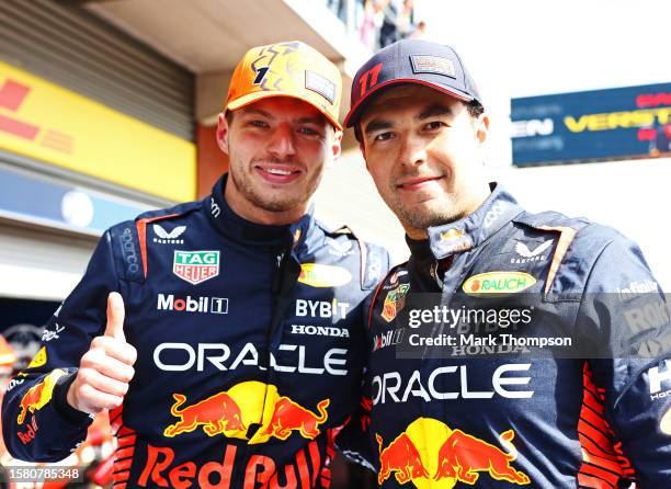Race winner Max Verstappen of the Netherlands and Oracle Red Bull Racing and Second placed Sergio Perez of Mexico and Oracle Red Bull Racing...
